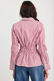 Composite Burgundy Plum Stripe Shirred Body Shirt