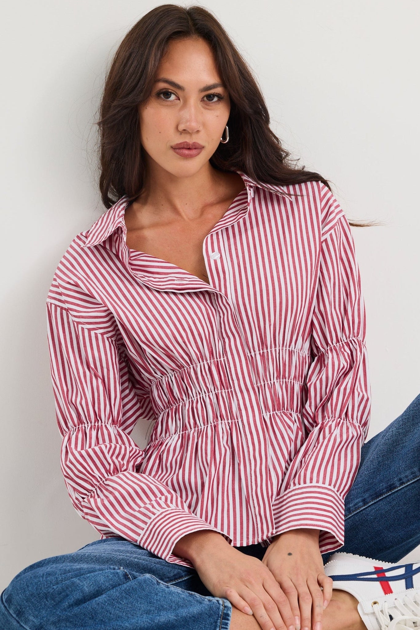 Composite Burgundy Plum Stripe Shirred Body Shirt