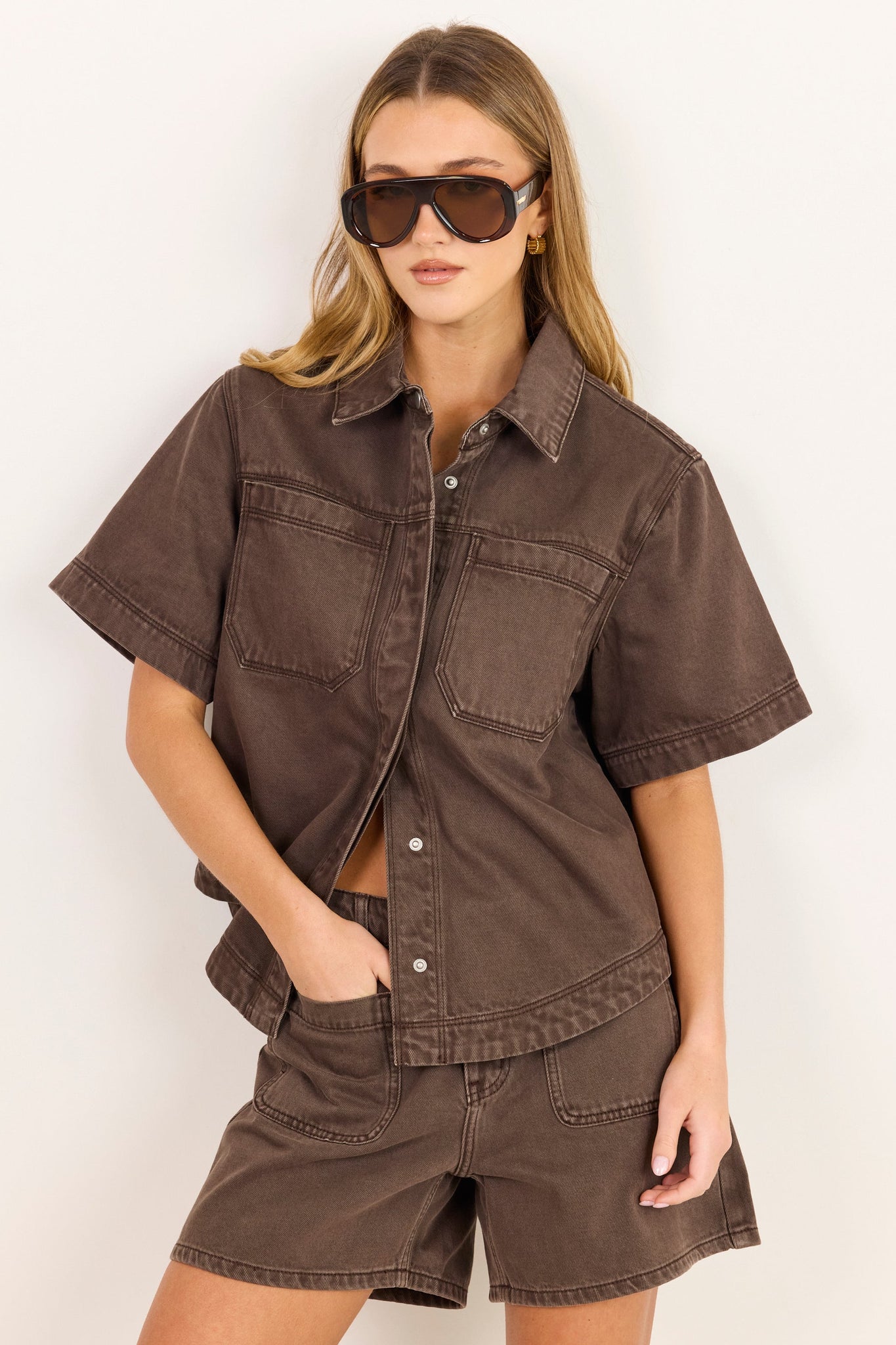 Crucial Mocha Denim Short Sleeve Shacket - Mocha