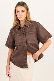 Crucial Mocha Denim Short Sleeve Shacket - Mocha