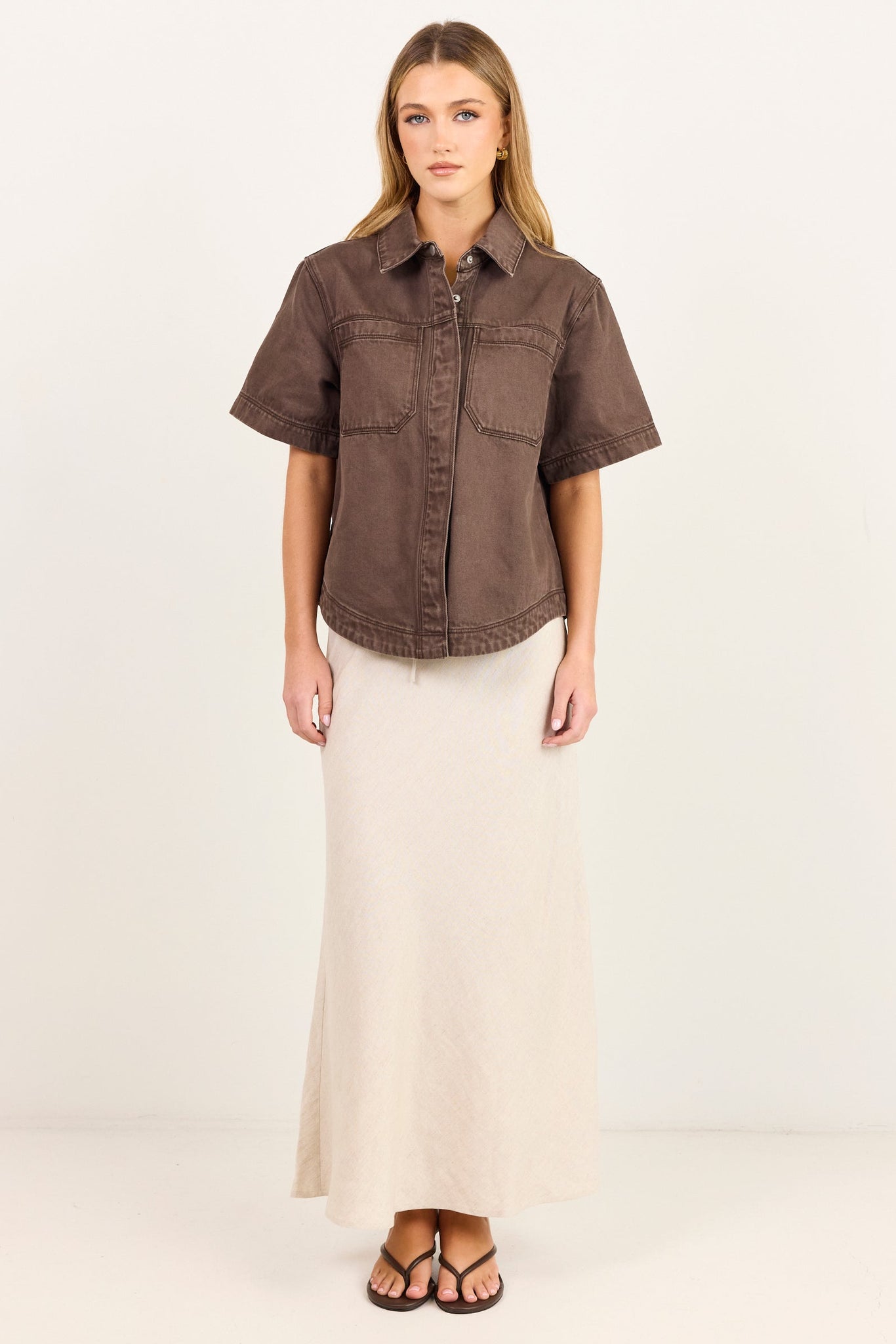 Crucial Mocha Denim Short Sleeve Shacket - Mocha