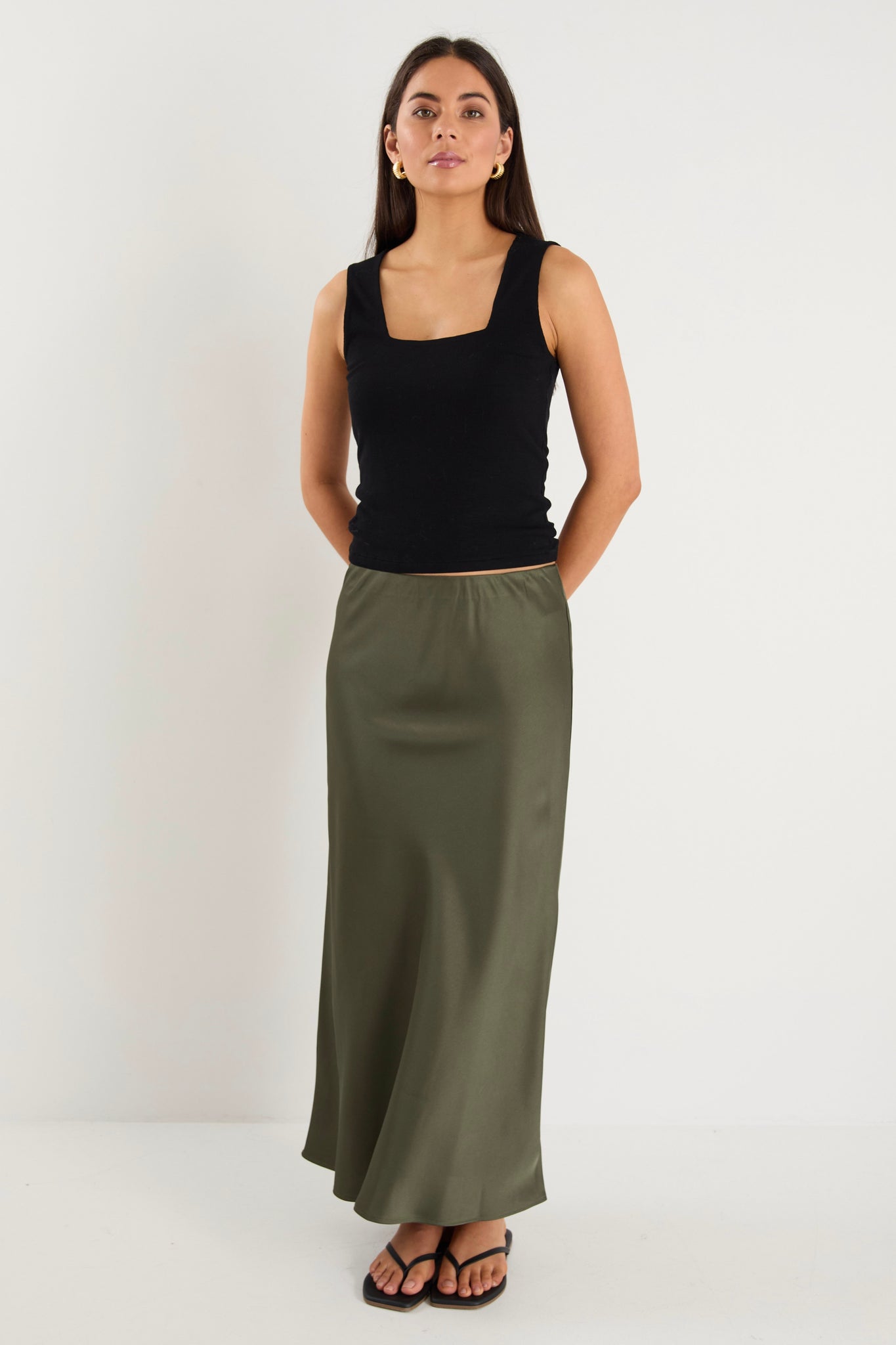 Rosette Khaki Satin Bias Midi Skirt