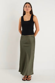 Rosette Khaki Satin Bias Midi Skirt