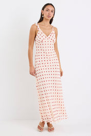 Delightful Cream Cherry Polka Dot Georgette Bias Slip Maxi Dress