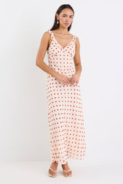 Delightful Cream Cherry Polka Dot Georgette Bias Slip Maxi Dress