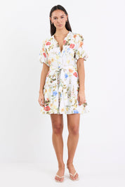 Delphi Cream Garden Print Drop Waist Belted Mini Dress Regular Price