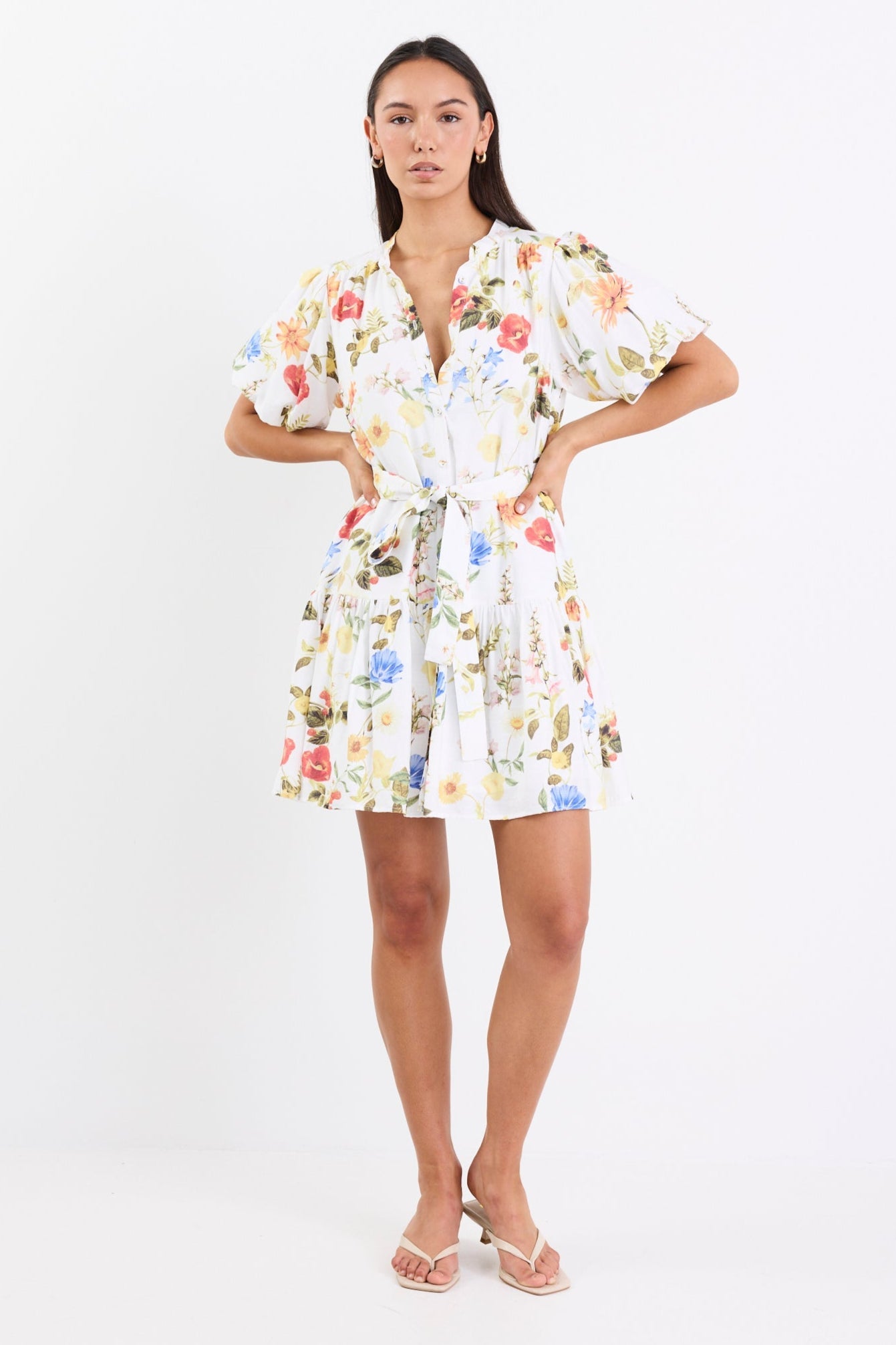 Delphi Cream Garden Print Drop Waist Belted Mini Dress Regular Price