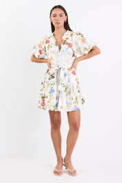 Delphi Cream Garden Print Drop Waist Belted Mini Dress Regular Price