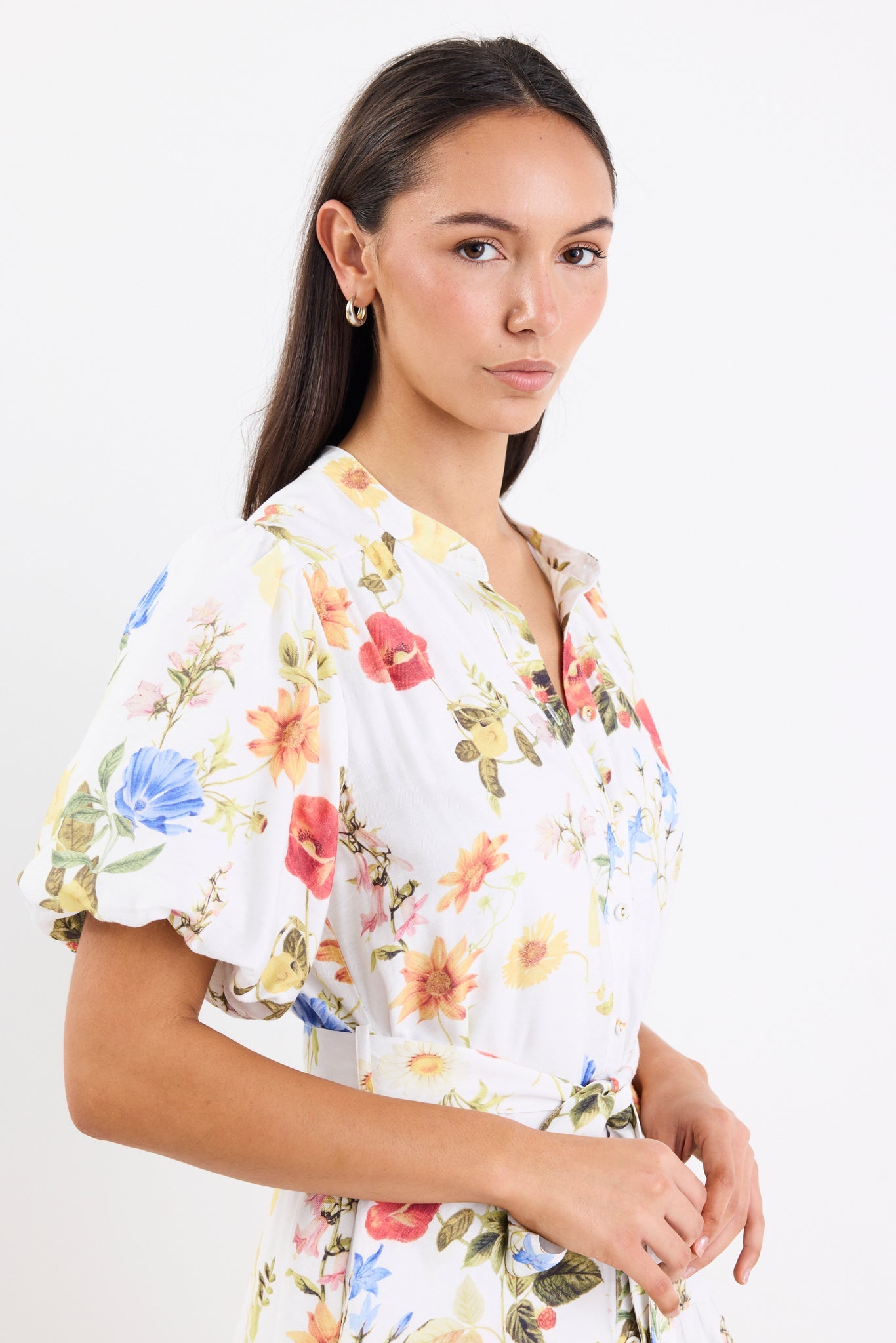 Delphi Cream Garden Print Drop Waist Belted Mini Dress Regular Price