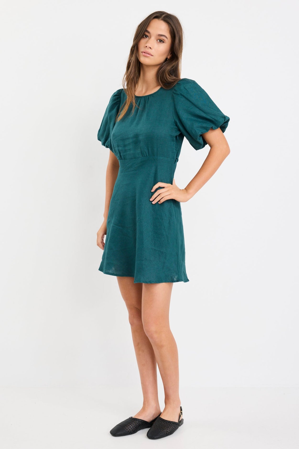 Delphine Forest Linen Puff Sleeve Mini Dress