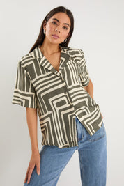 Dispatch Khaki Maze Print Short Sleeved Boxy Shirt