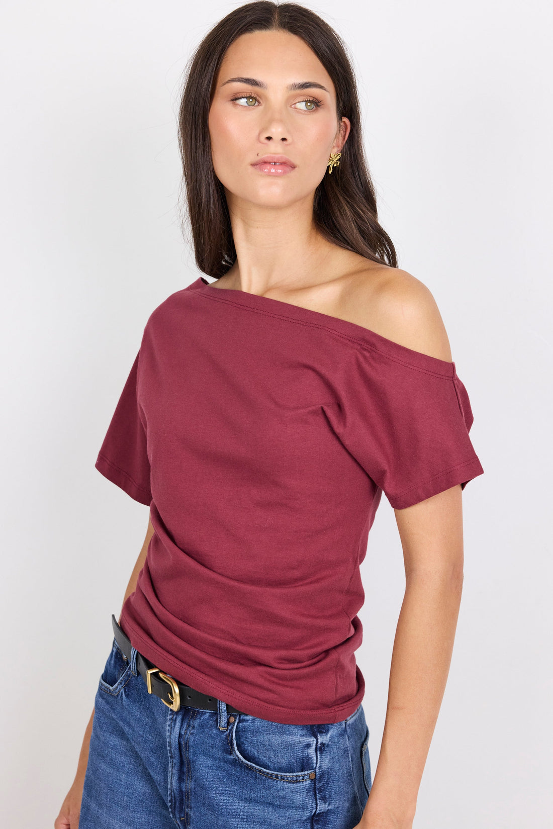 Distant Burgundy Cotton Off Shoulder Tee