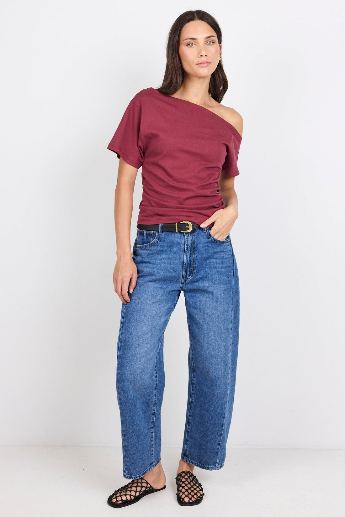Distant Burgundy Cotton Off Shoulder Tee