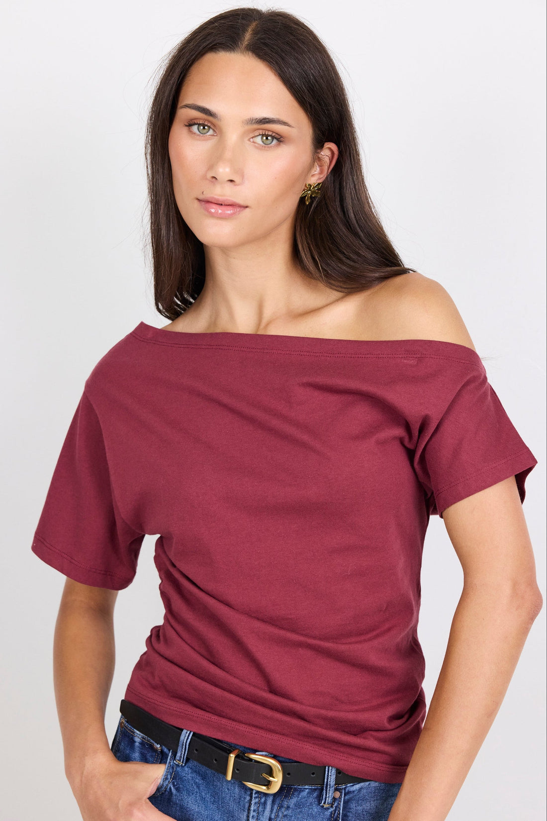 Distant Burgundy Cotton Off Shoulder Tee