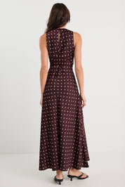 Eastern Burgundy Ditsy Polka Dot Satin Bias Flared Maxi Dress