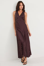 Eastern Burgundy Ditsy Polka Dot Satin Bias Flared Maxi Dress