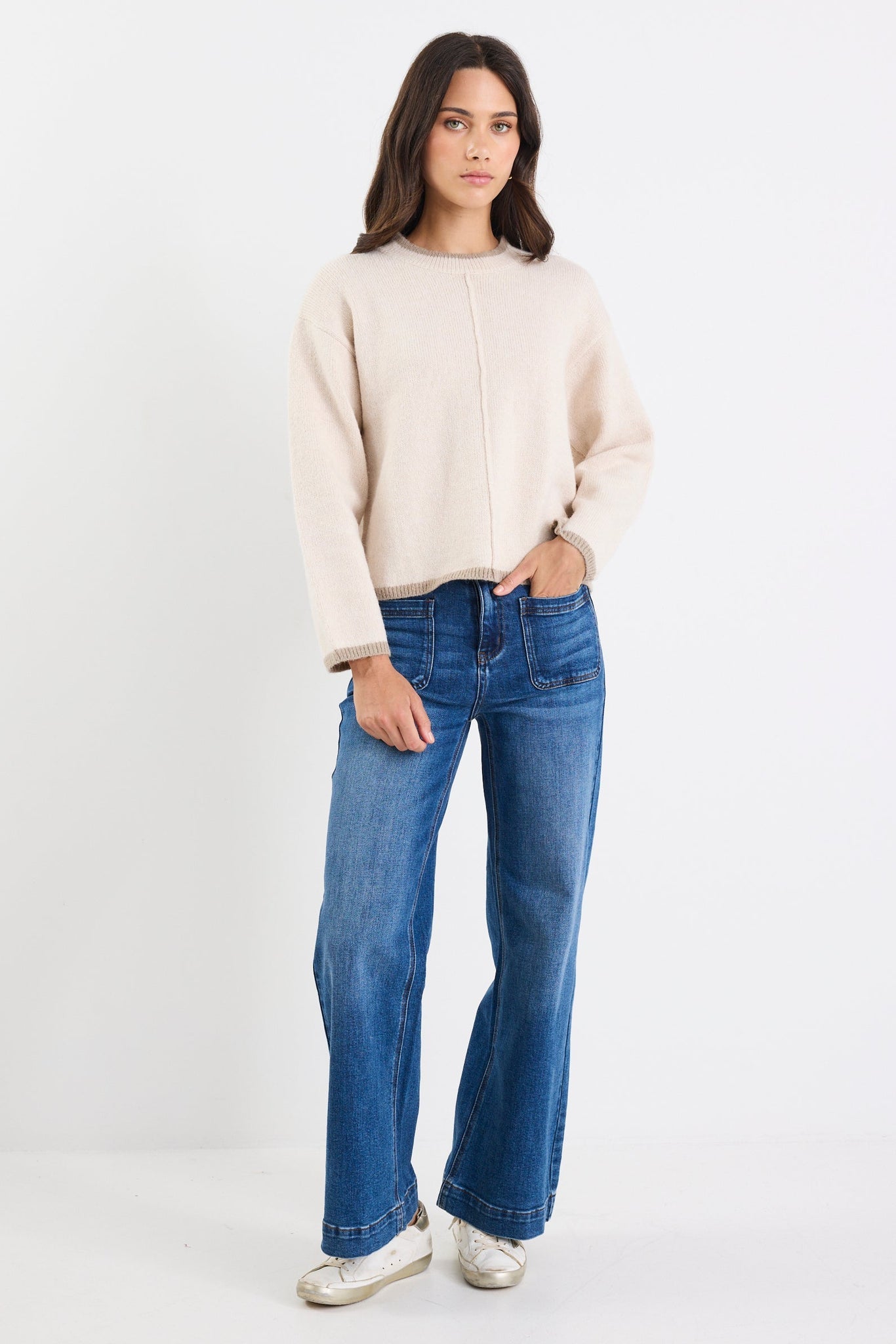 Edge Ivory Mock Neck Contrast Trim Jumper
