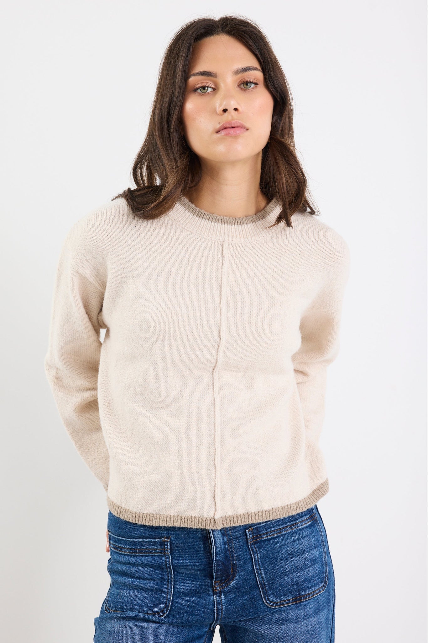 Edge Ivory Mock Neck Contrast Trim Jumper