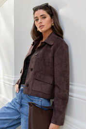 Exhibit Chocolate Faux Suede Button Front Cropped Jacket