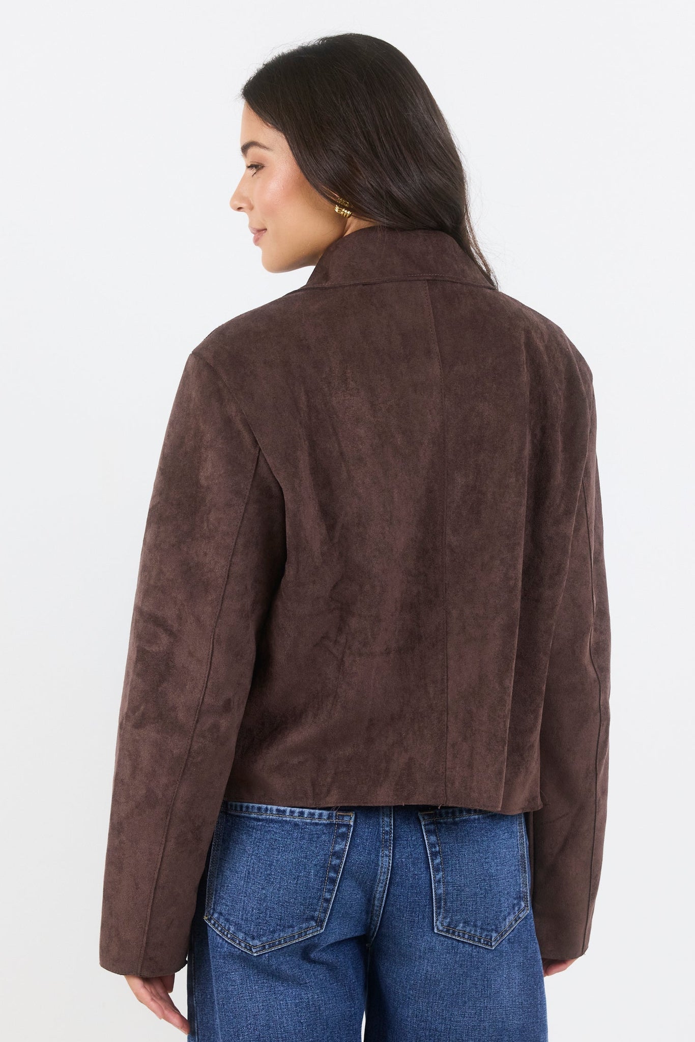 Exhibit Chocolate Faux Suede Button Front Cropped Jacket