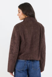 Exhibit Chocolate Faux Suede Button Front Cropped Jacket