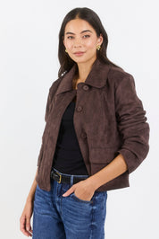 Exhibit Chocolate Faux Suede Button Front Cropped Jacket