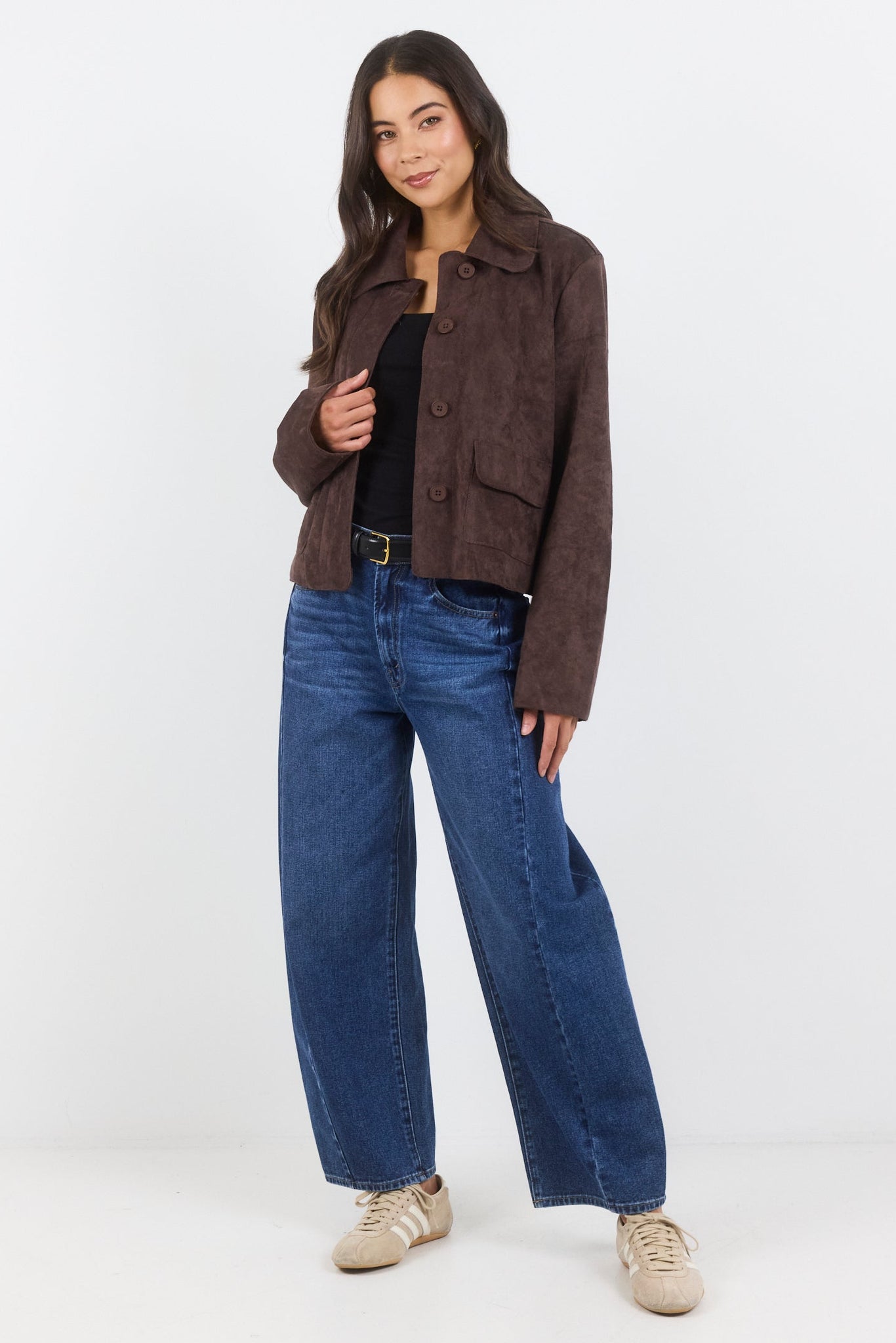 Exhibit Chocolate Faux Suede Button Front Cropped Jacket