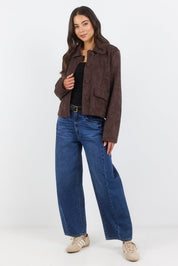 Exhibit Chocolate Faux Suede Button Front Cropped Jacket