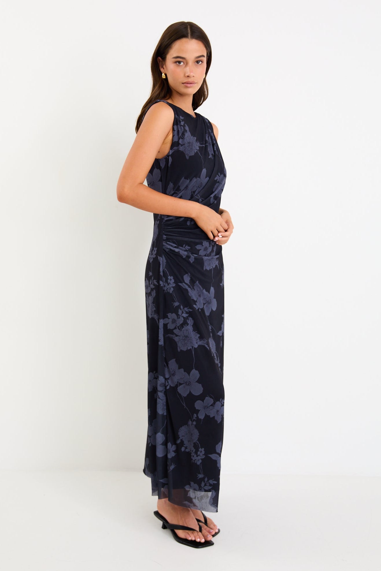 Frame Midnight Floral Mesh Sleeveless Maxi Dress
