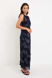 Frame Midnight Floral Mesh Sleeveless Maxi Dress