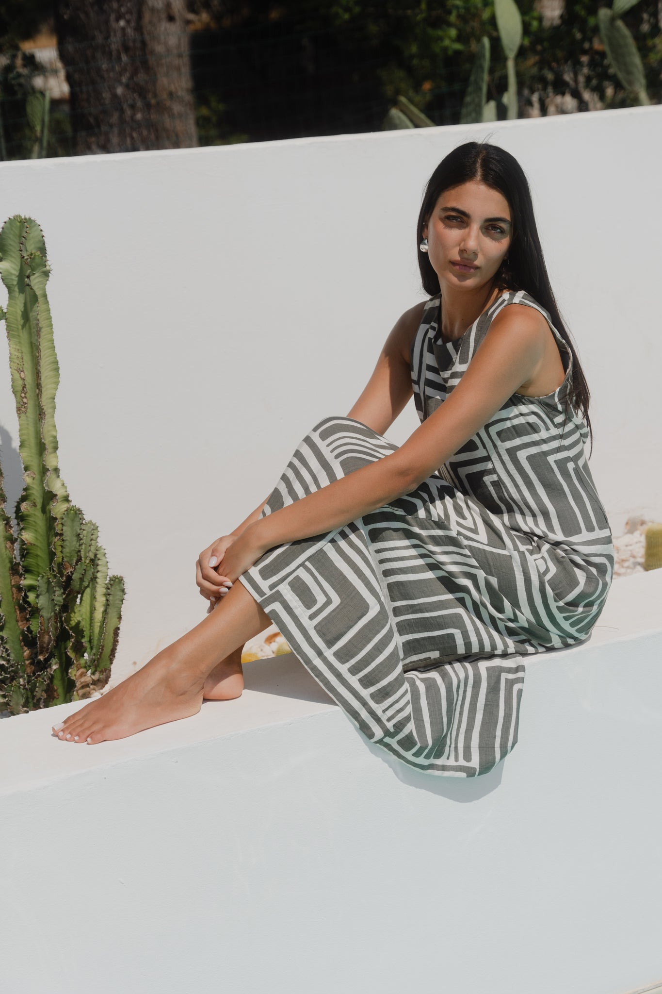 Future Khaki Maze Print Sleeveless Midi Dress