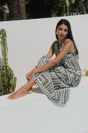 Future Khaki Maze Print Sleeveless Midi Dress