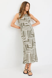 Future Khaki Maze Print Sleeveless Midi Dress