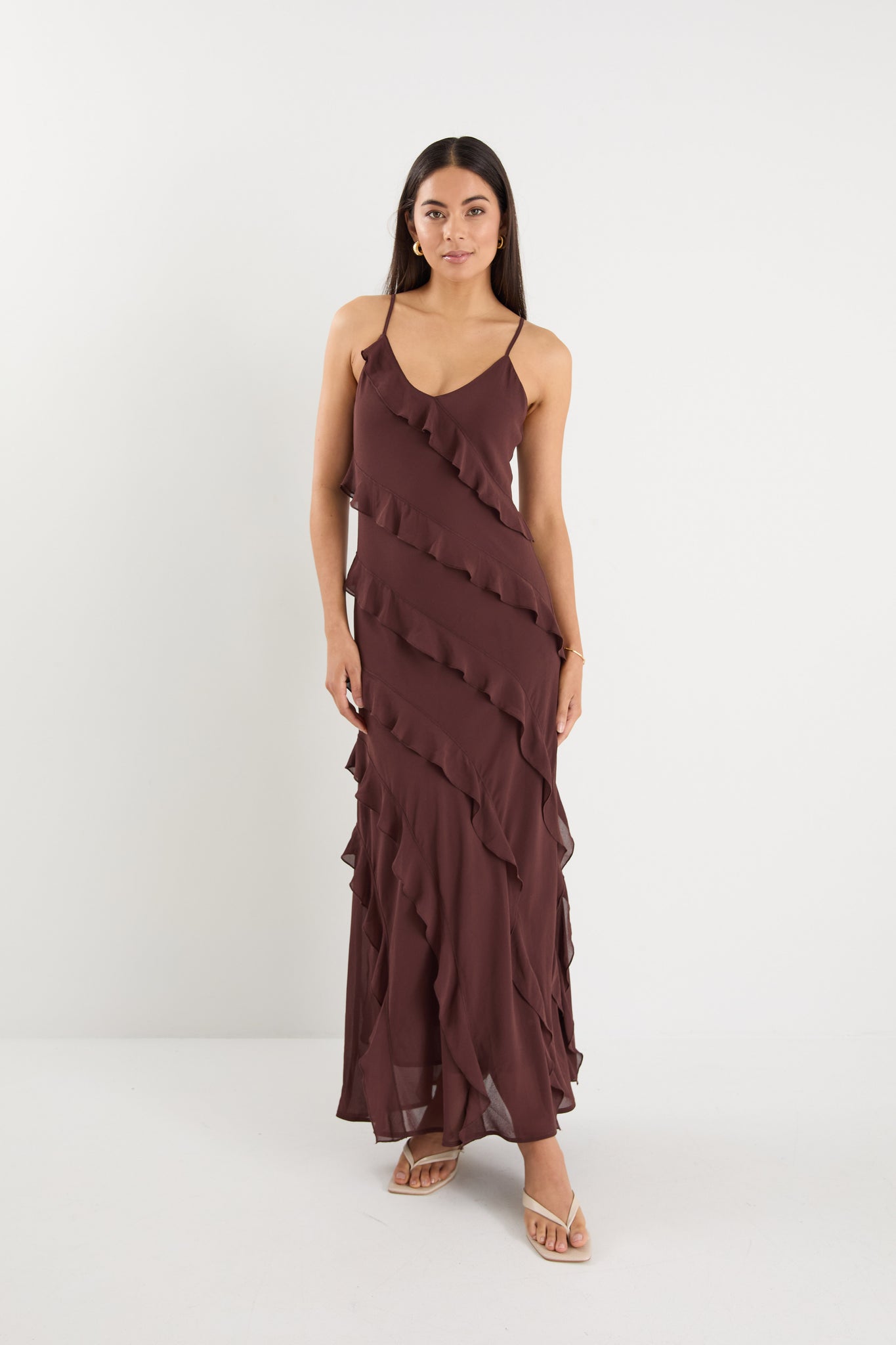 Galore Chocolate Bias Ruffle Slip Maxi Dress