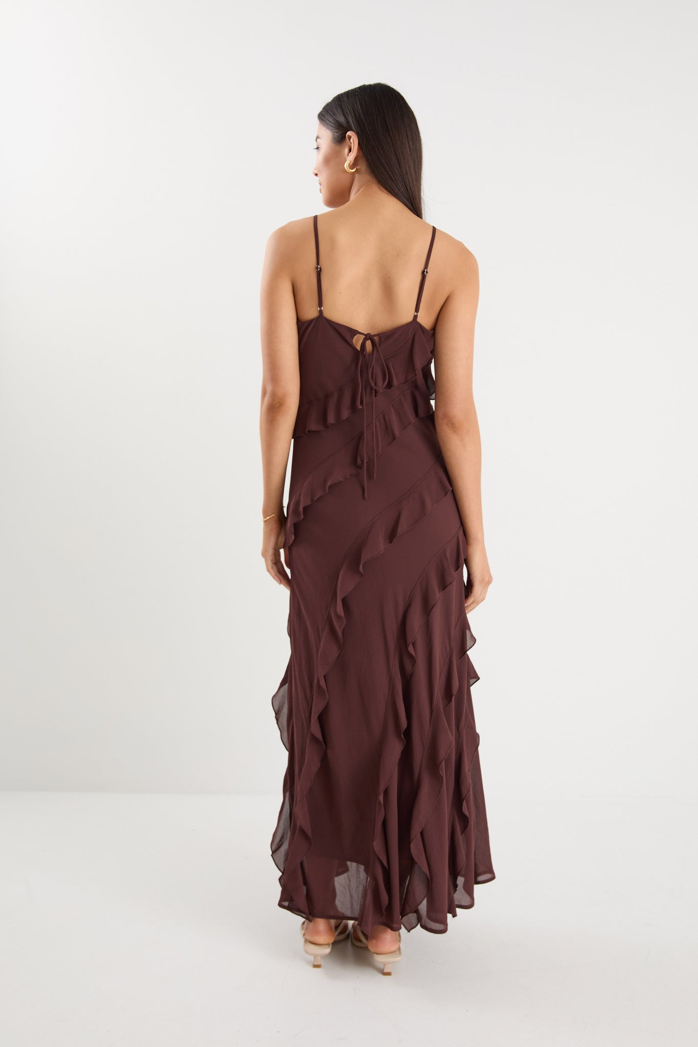 Galore Chocolate Bias Ruffle Slip Maxi Dress