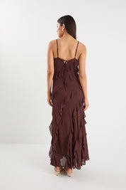 Galore Chocolate Bias Ruffle Slip Maxi Dress
