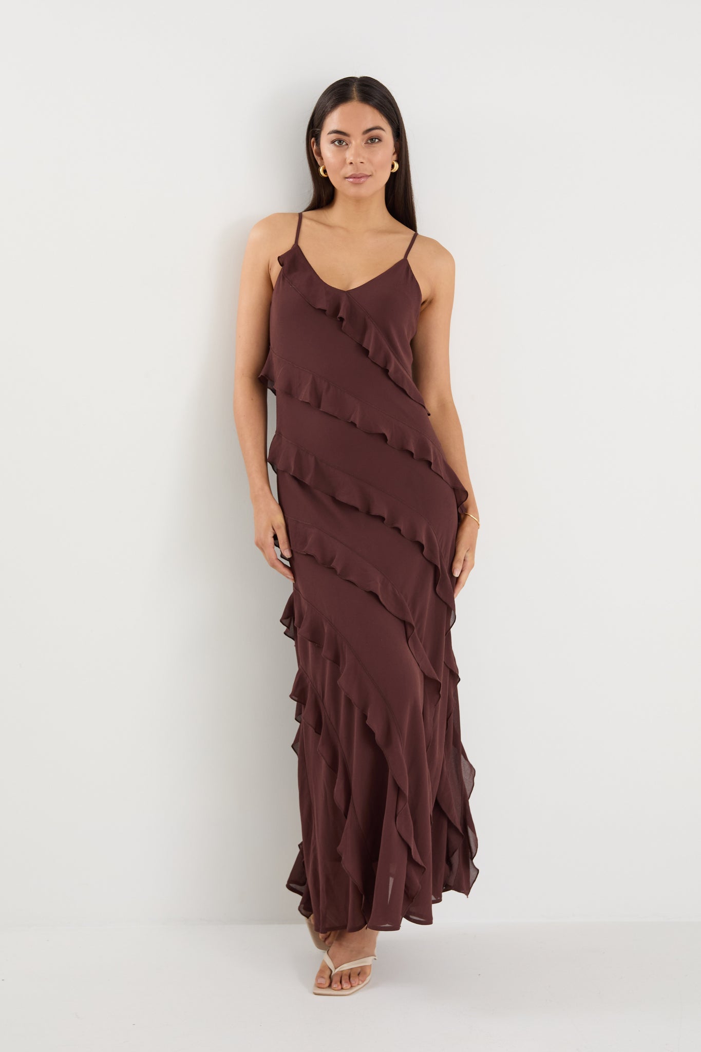 Galore Chocolate Bias Ruffle Slip Maxi Dress