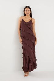 Galore Chocolate Bias Ruffle Slip Maxi Dress