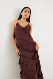 Galore Chocolate Bias Ruffle Slip Maxi Dress