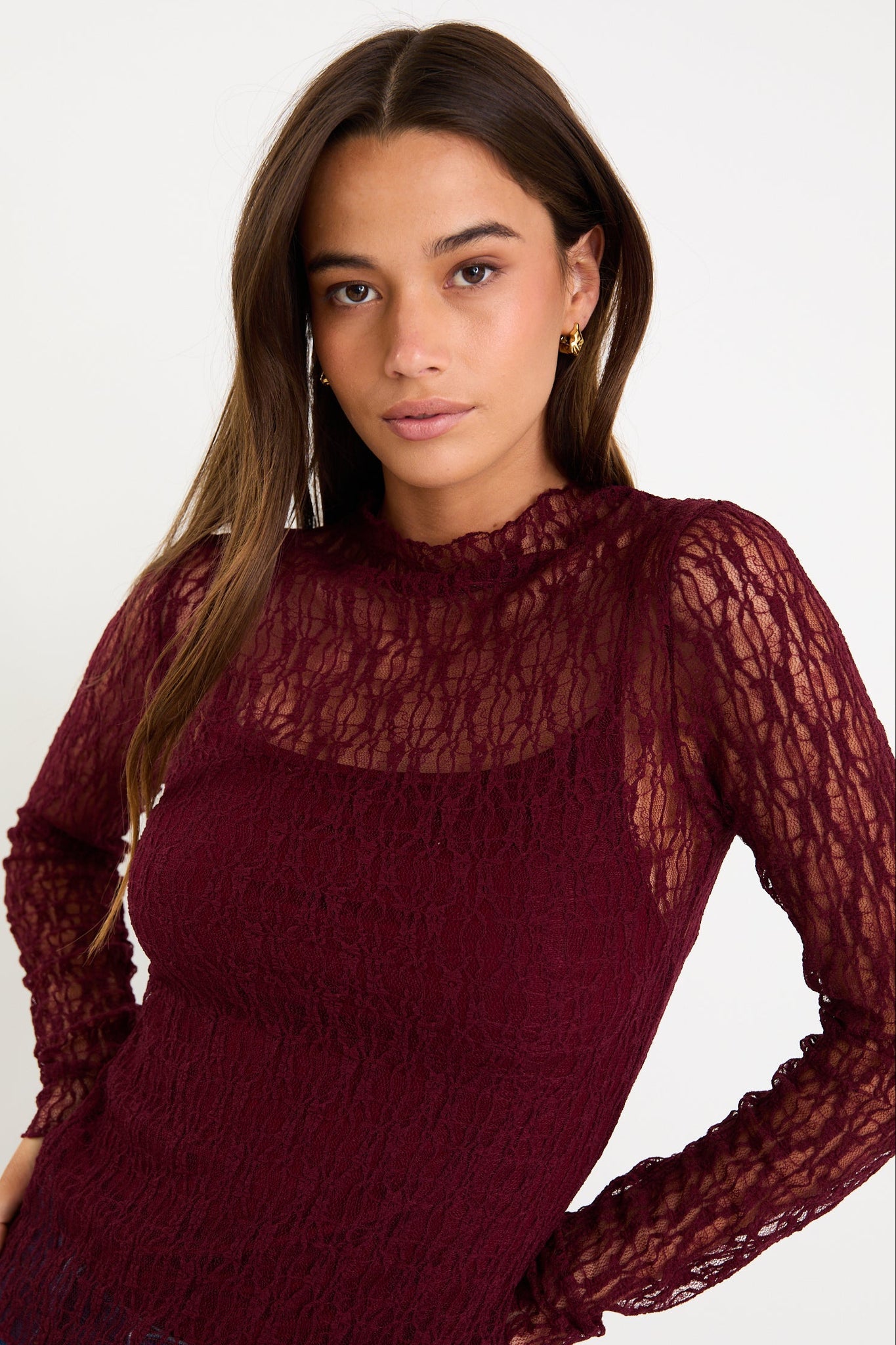 Giving Burgundy Lace Long Sleeve Top