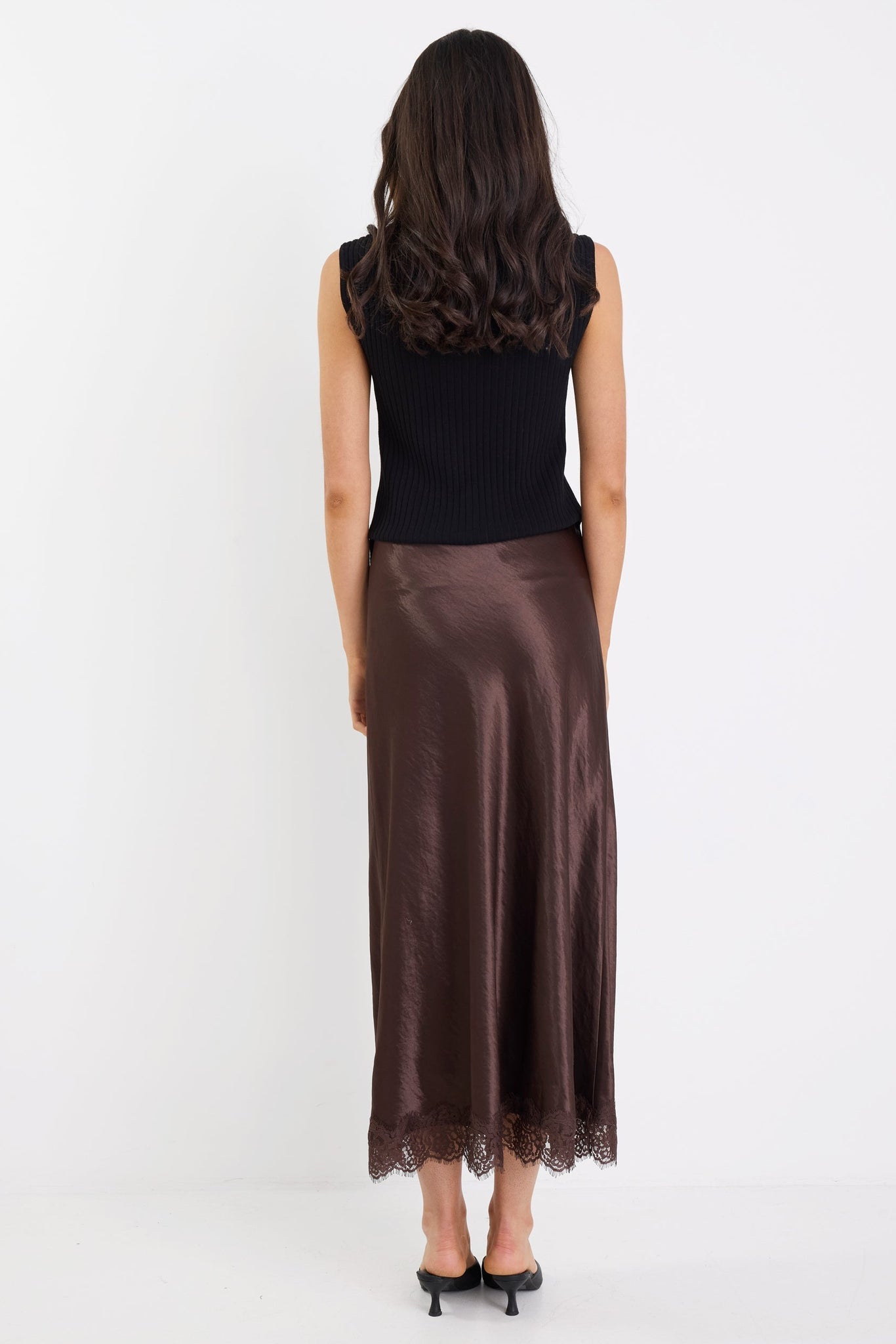 Margarita Chocolate Satin Lace Trim Bias Maxi Skirt