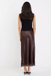 Margarita Chocolate Satin Lace Trim Bias Maxi Skirt
