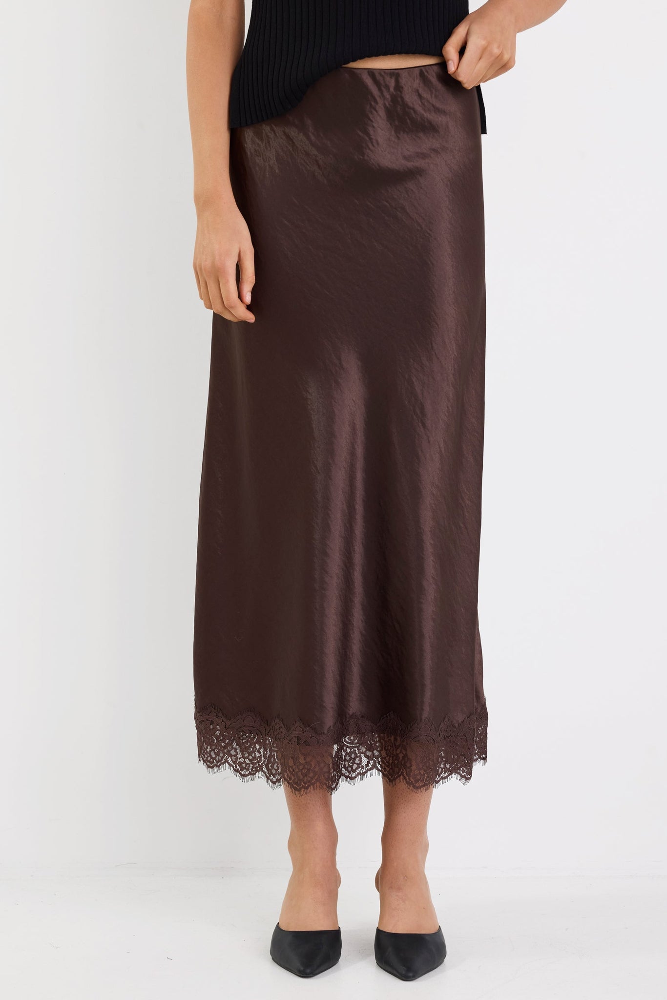 Margarita Chocolate Satin Lace Trim Bias Maxi Skirt