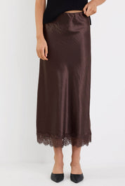Margarita Chocolate Satin Lace Trim Bias Maxi Skirt