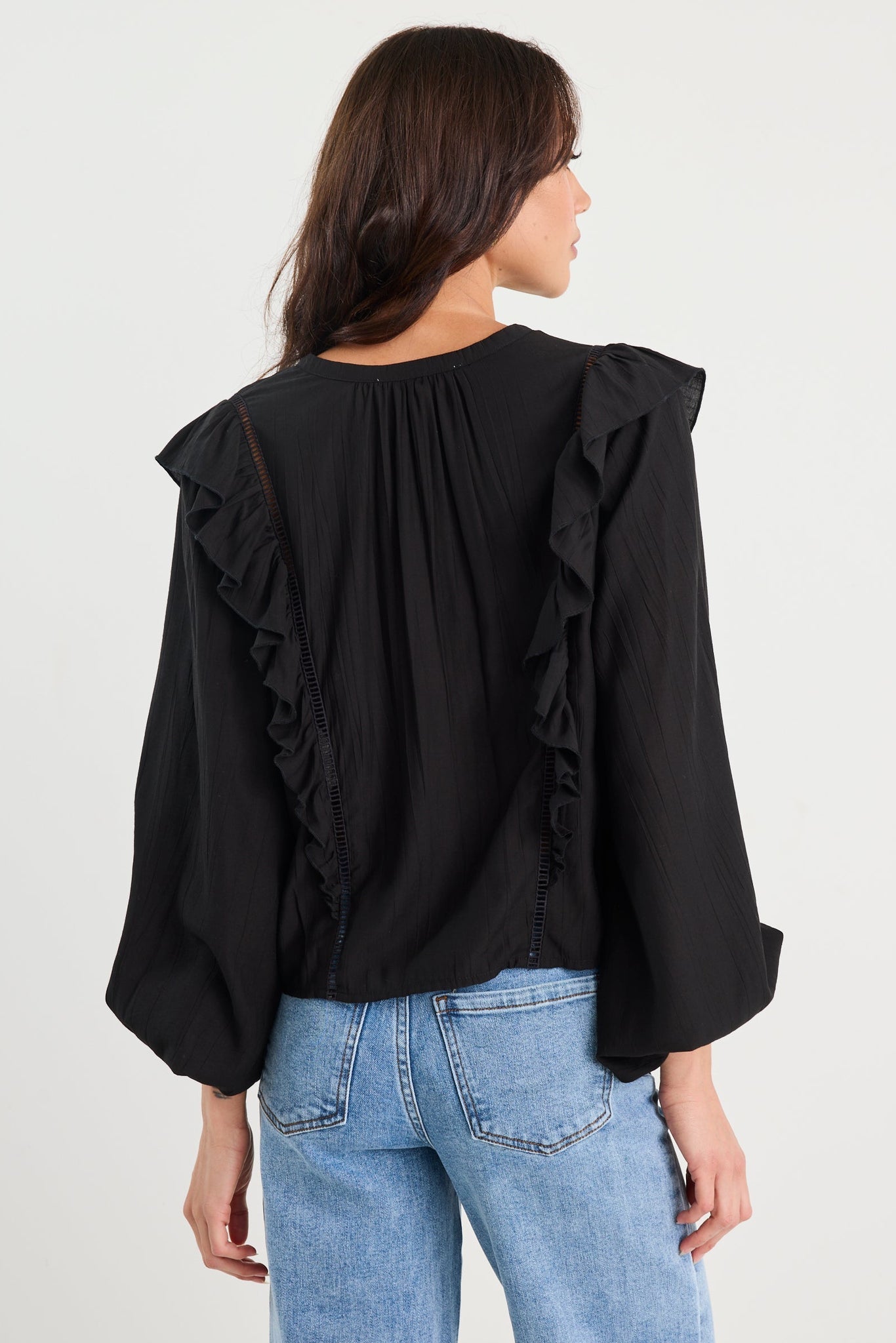 Integrity Black Sheer Frill Detail Long Sleeve Top