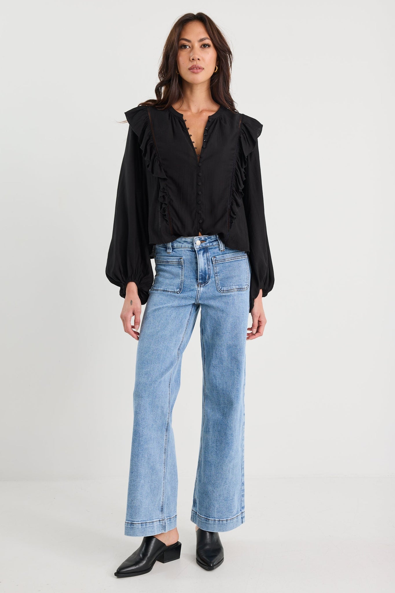Integrity Black Sheer Frill Detail Long Sleeve Top