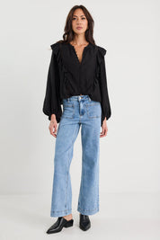 Integrity Black Sheer Frill Detail Long Sleeve Top