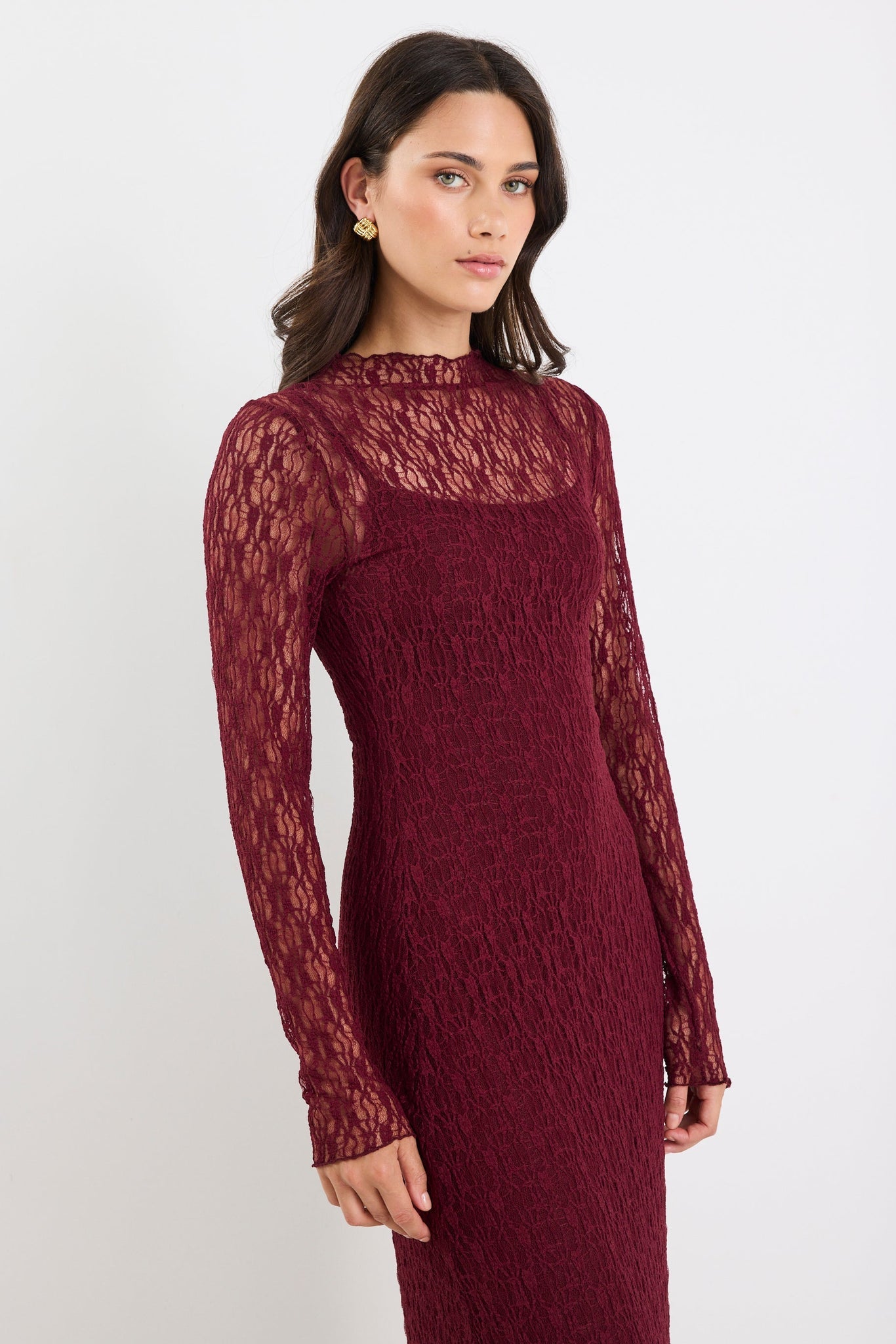 Keepsake Burgundy Lace Long Sleeve Maxi Dress