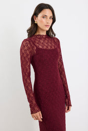 Keepsake Burgundy Lace Long Sleeve Maxi Dress