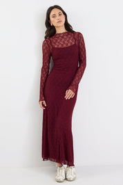 Keepsake Burgundy Lace Long Sleeve Maxi Dress